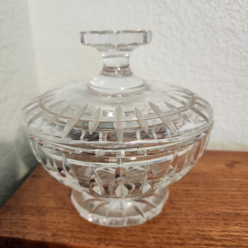 Vtg CESKA Solitaire Cut Lead Crystal Pedestal Serve Bowl With Lid 6" Czechia